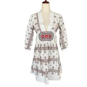Odd Molly V Neck Tie Back Tunic Dress Womens 2 White Embroidered 3/4 Sleeve